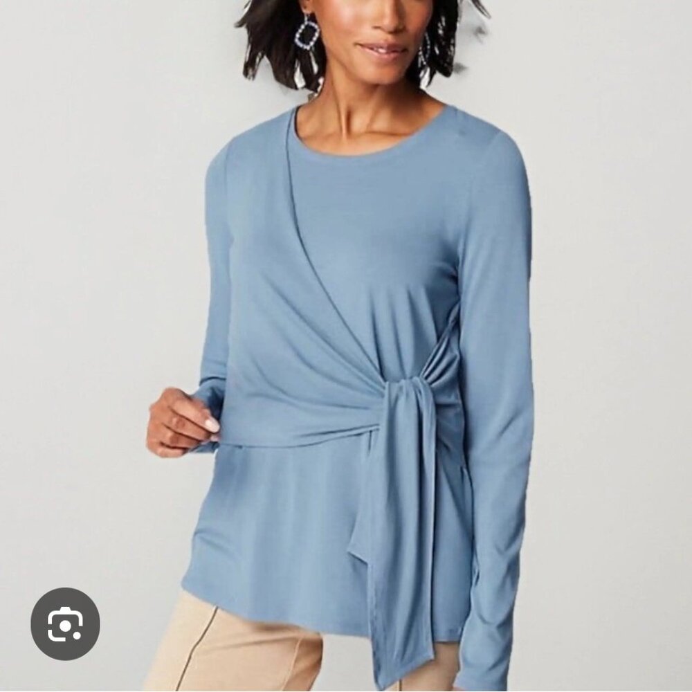 J Jill Wearever Moonlitsky Blue Wrap Tie Blouse Top Long Sleeve Women's Medium